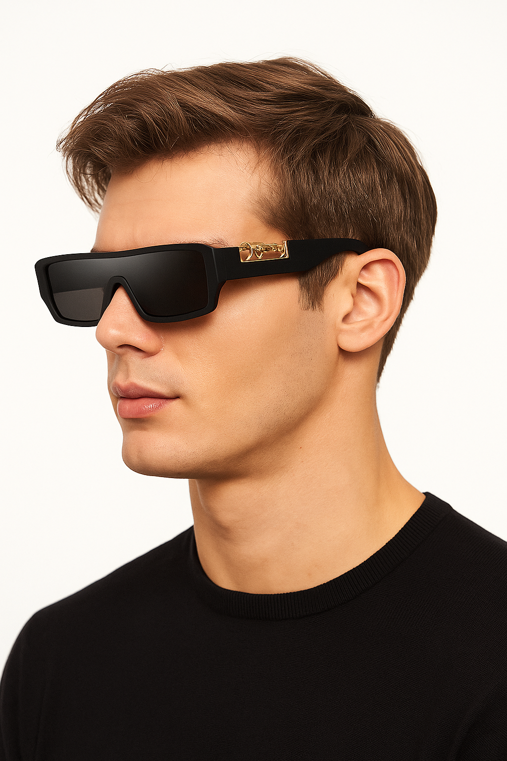 Luxury Black Rectangular Sunglasses with Gold Side Emblem &amp; Dark UV Lens