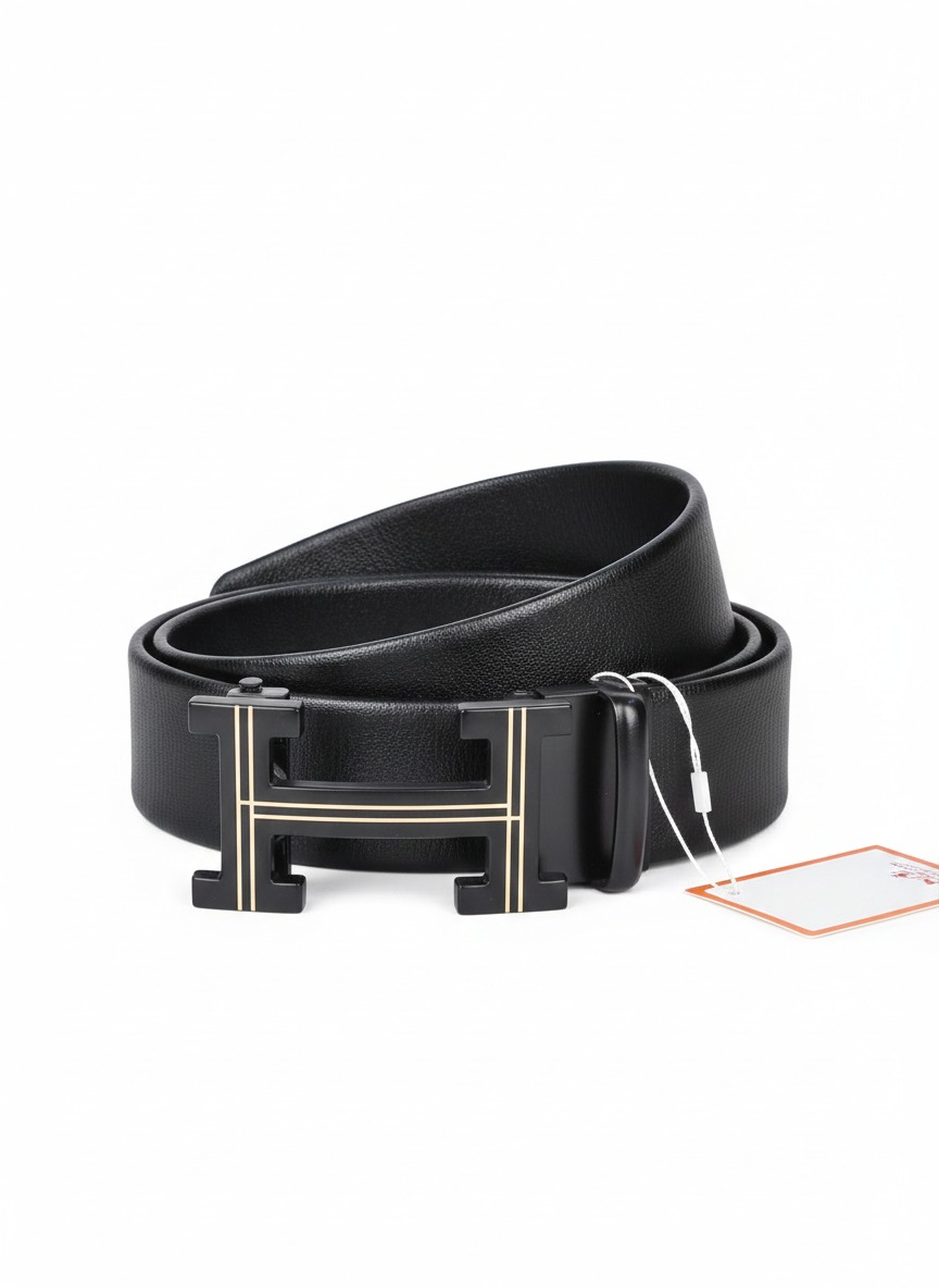 Luxury Black Leather Belt with H-Style Buckle