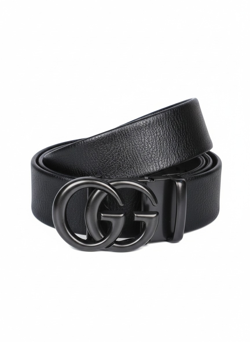 Luxury Black Leather Belt with Double Ring Buckle