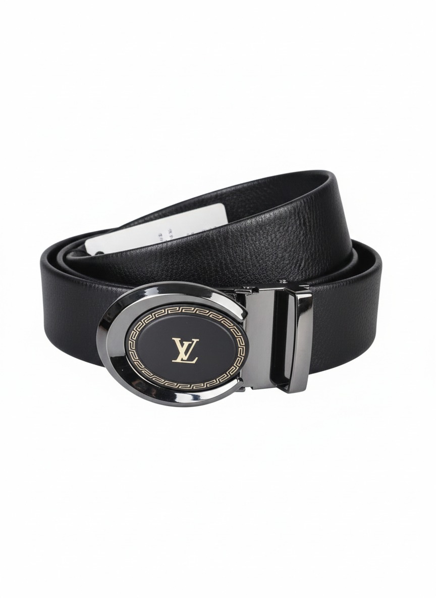 Luxury Black Leather Belt with Round Metal Buckle