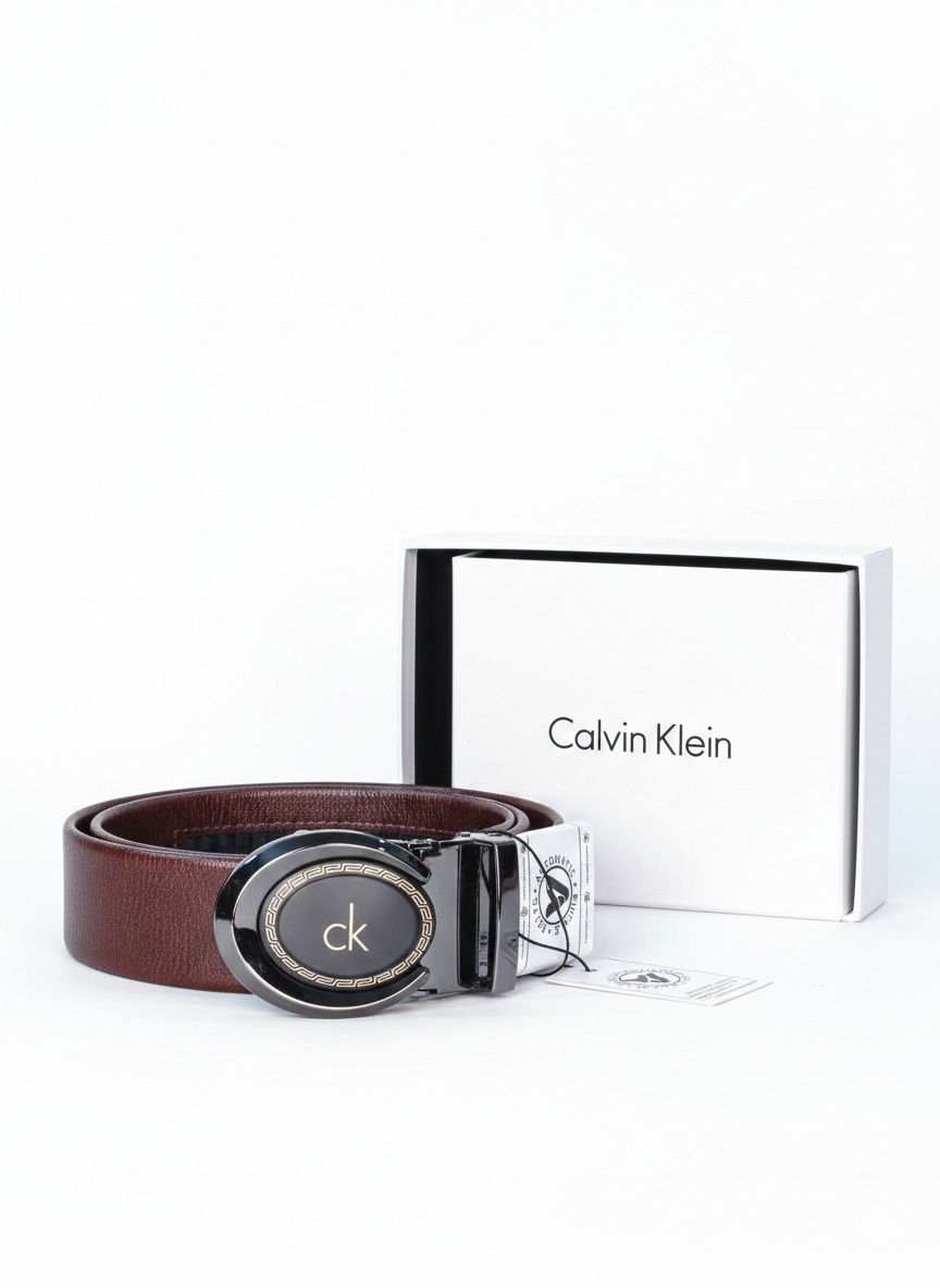Luxury Brown Leather Belt with Round Metal Buckle &amp; Gift Box