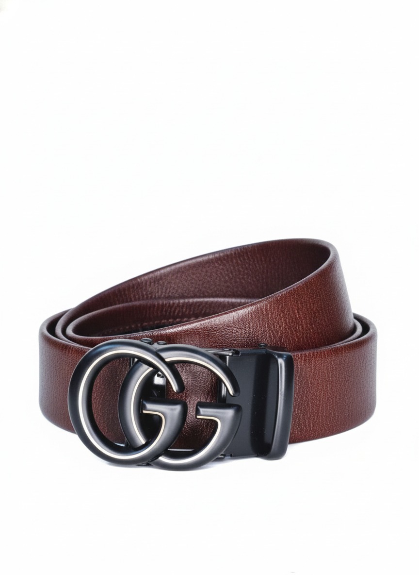 Premium Brown Leather Men’s Belt with Double-G Style Metal Buckle