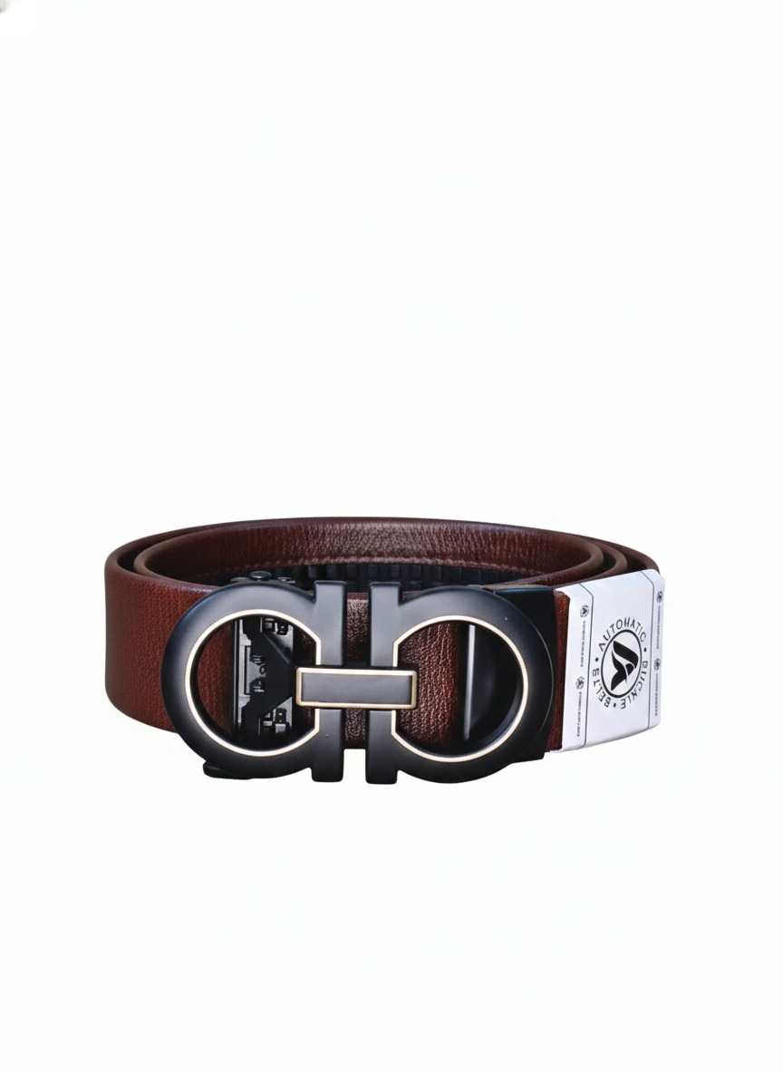 Premium Brown Leather Men’s Belt with Modern Double-Ring Metal Buckle