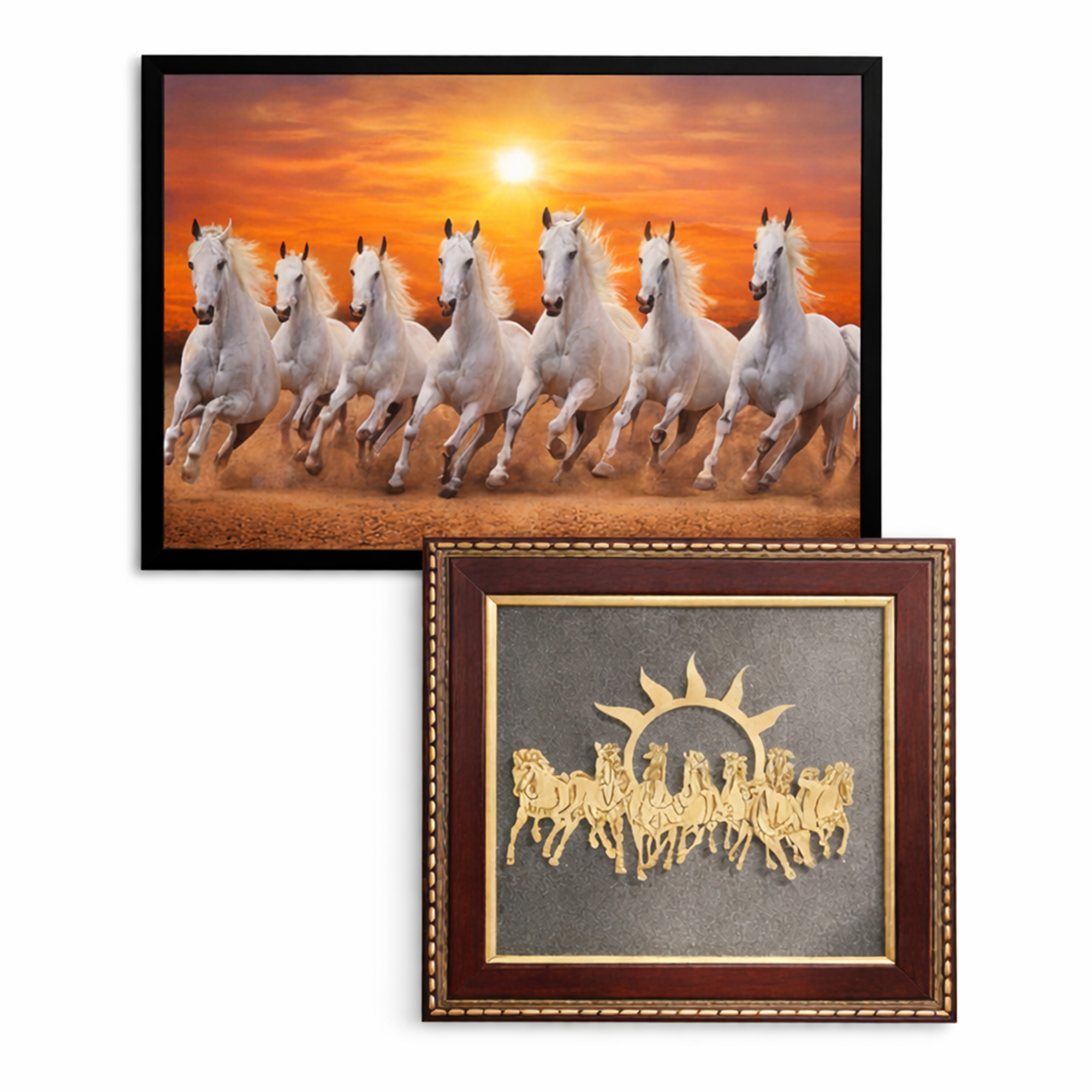 Running White Horses Wall Frame | 3D Golden Horse Artwork with Wooden Frame