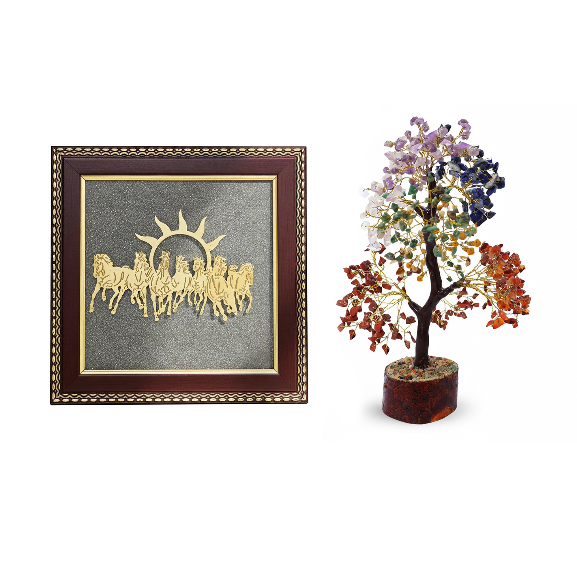 7 Running Horses Wall Frame with Multi-Color Gemstone Tree | Feng Shui Home Decor Combo