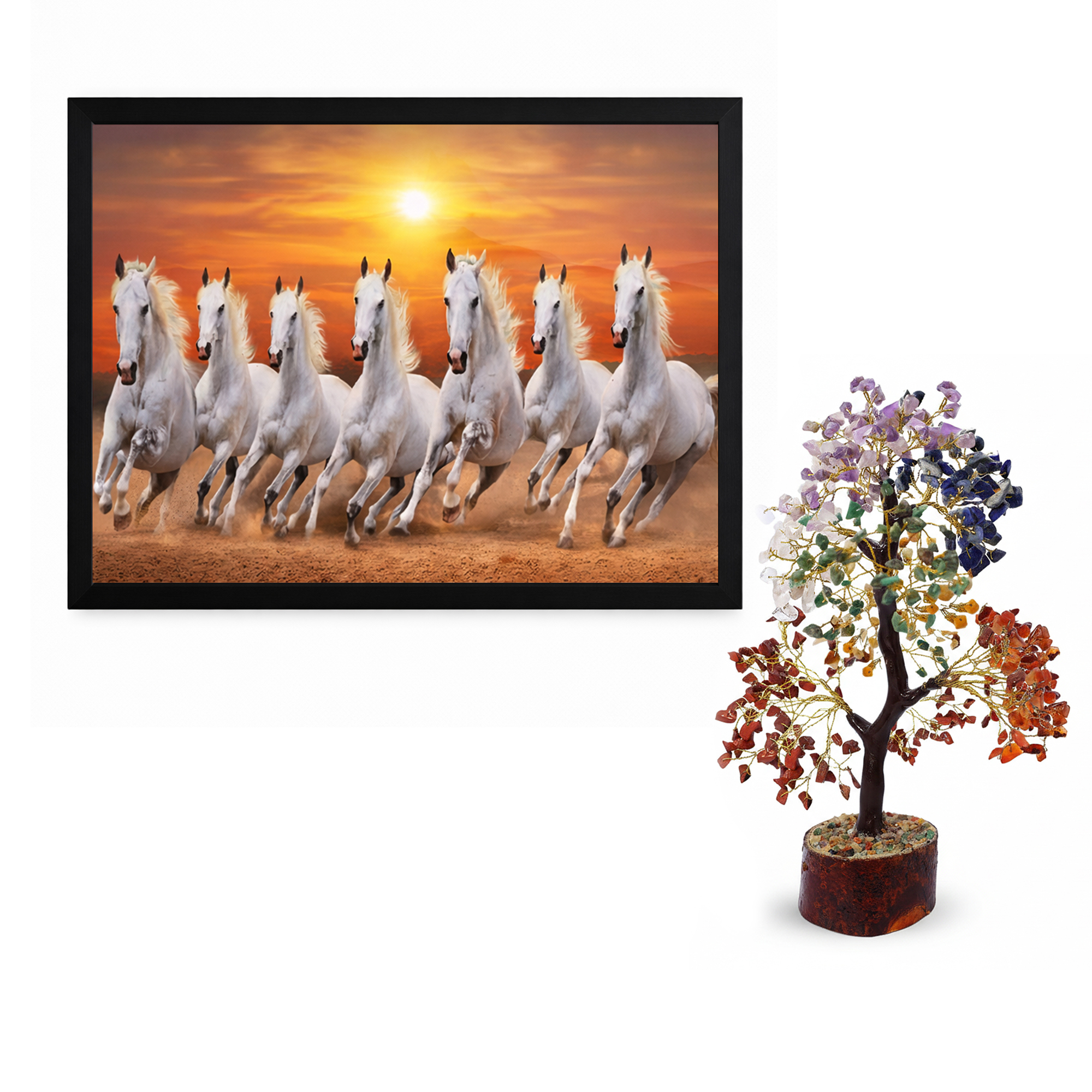 7 Running White Horses Photo Frame with Multi-Color Gemstone Tree | Feng Shui Home &amp; Office Decor